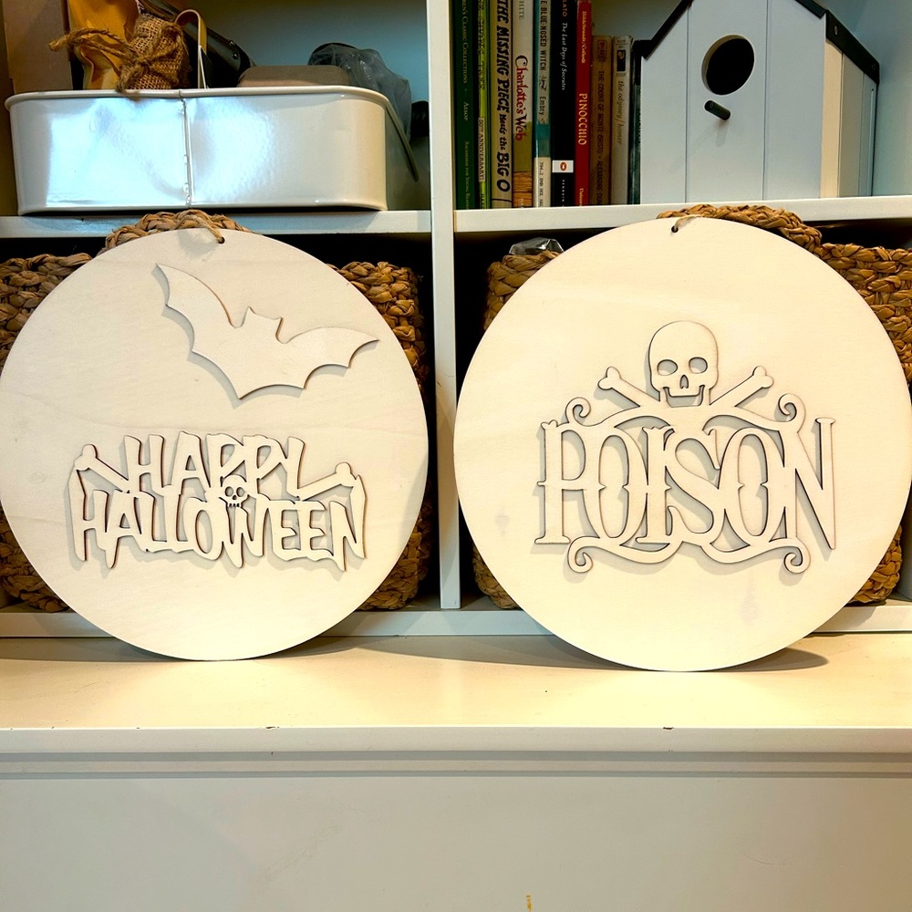 Pair Wooden Halloween Signs Happy Halloween w/ Bat & Poison with Skull Spooky